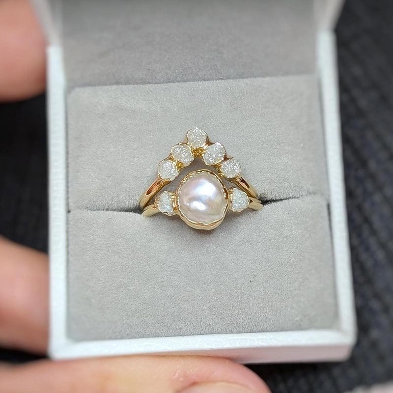 Freshwater pearl and raw diamond engagement ring