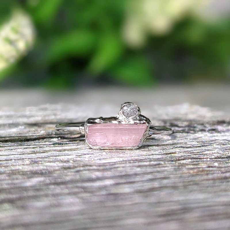 Raw pink tourmaline and rough diamond ring