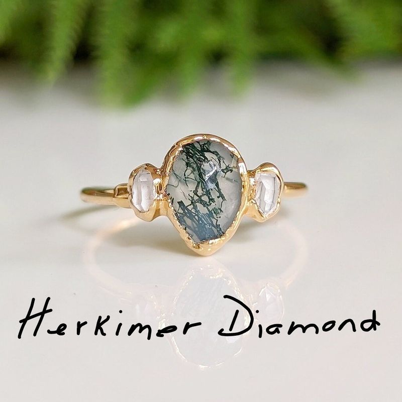 Moss Agate and Herkimer diamond engagement ring - Pear shape Moss Agate ring