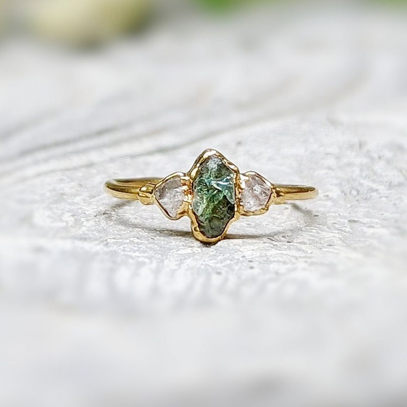 Raw green Sapphire & diamond engagement ring