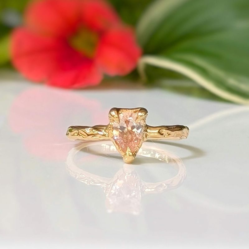 Peach Morganite textured ring in Solid 14k Gold