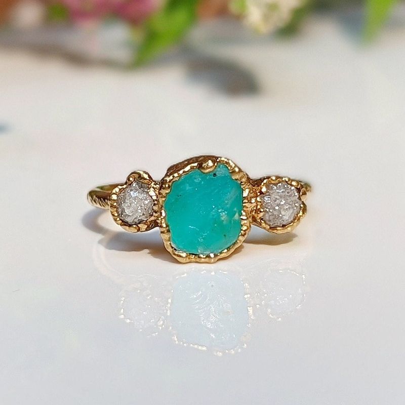 Raw Peruvian Opal and diamond ring in Solid 14k Gold