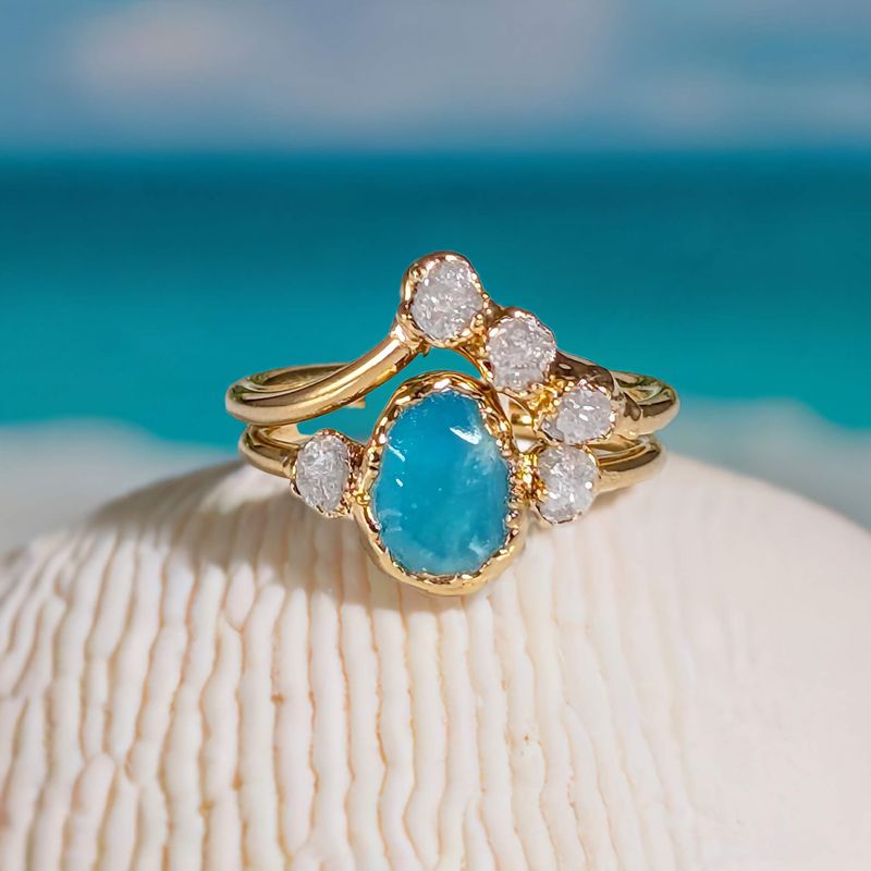 Raw Peruvian Opal and diamond engagement ring set