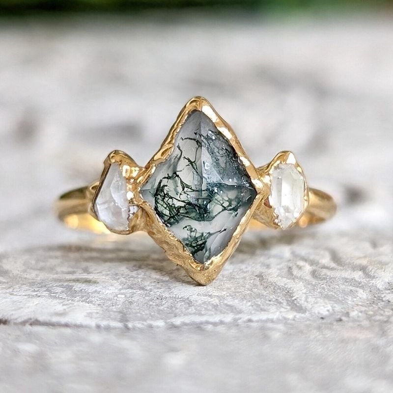 Moss Agate and Herkimer diamond engagement ring - Lozenge shape Moss Agate ring