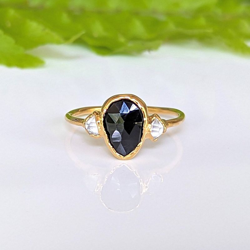 Black Spinel and Herkimer diamond engagement ring in Solid 18k Gold