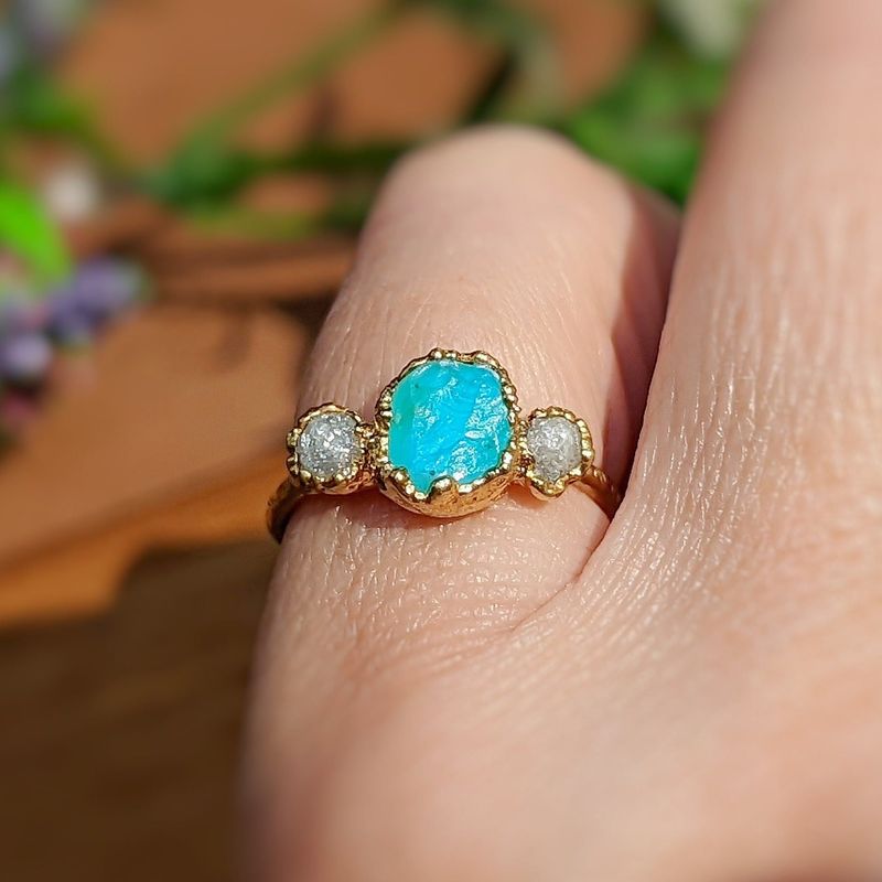 Raw Peruvian Opal and diamond ring in Solid 14k Gold