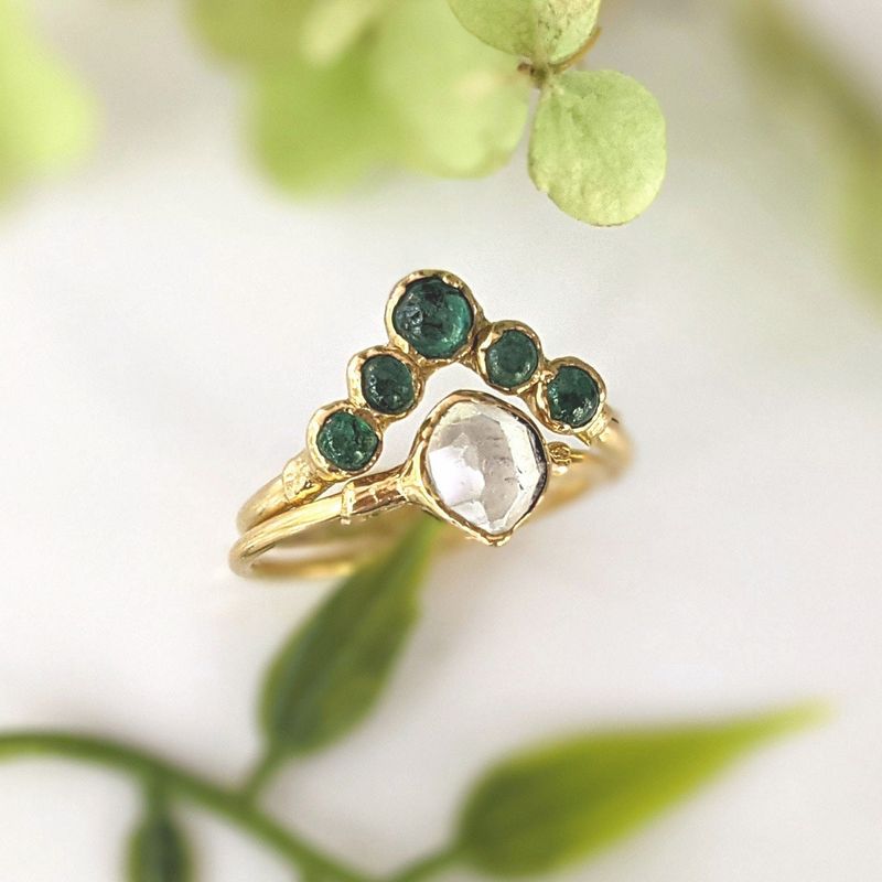 Emerald and Herkimer diamond wedding ring set