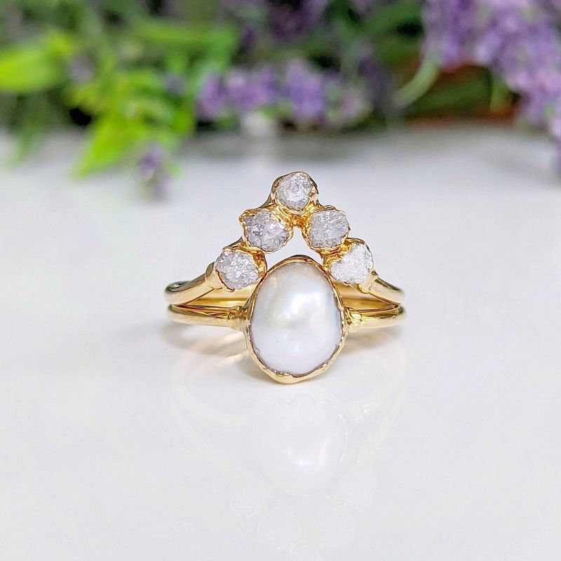 Freshwater Pearl & Raw Diamond Chevron wedding ring set in Solid 14k Gold