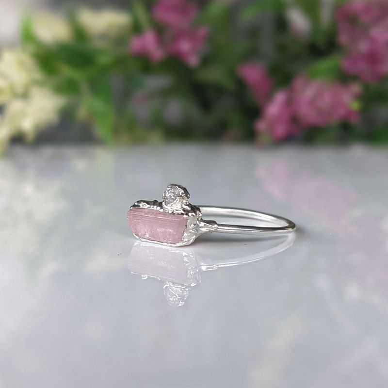 Raw pink tourmaline and rough diamond ring
