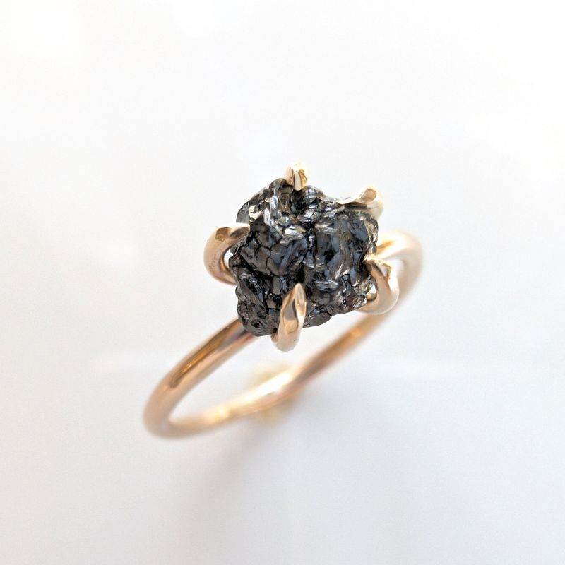 Raw black diamond engagement ring - Solid 14k Gold rough uncut black diamond ring
