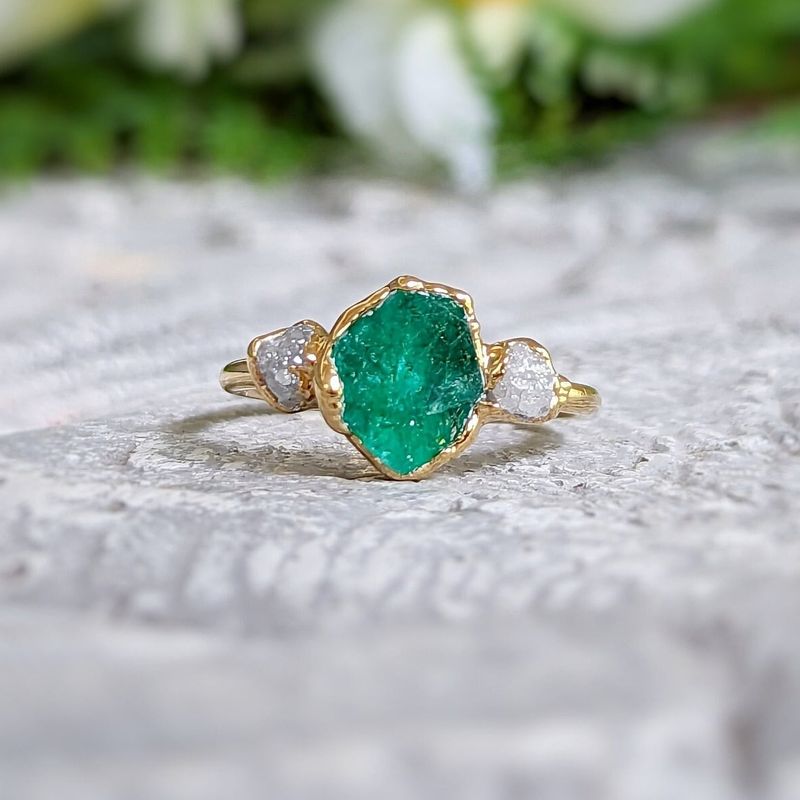 Raw Emerald and diamond Chevron bridal ring set
