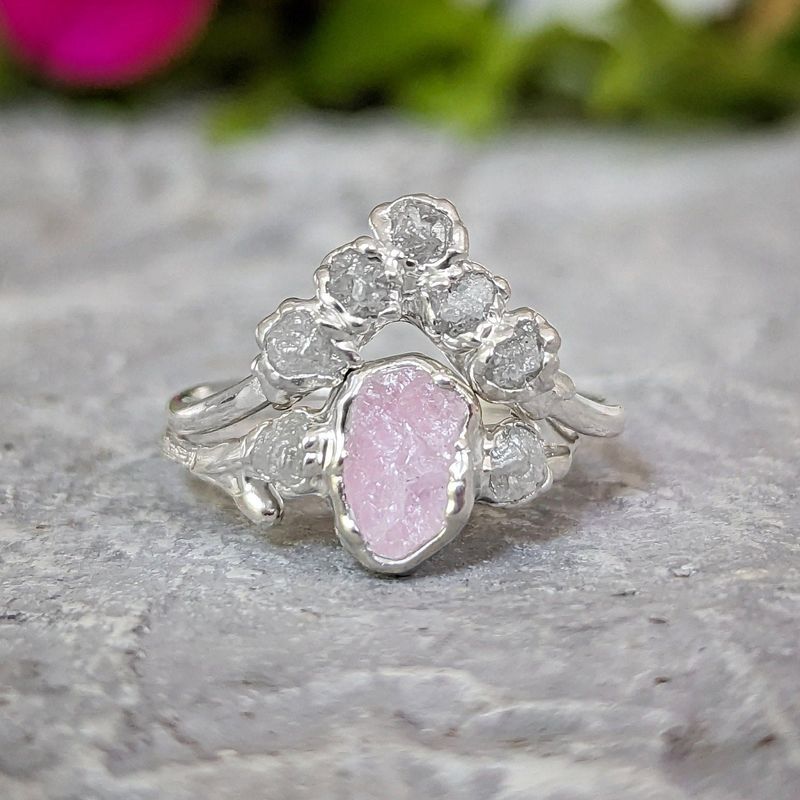 Raw Pink Morganite and diamond wedding ring set
