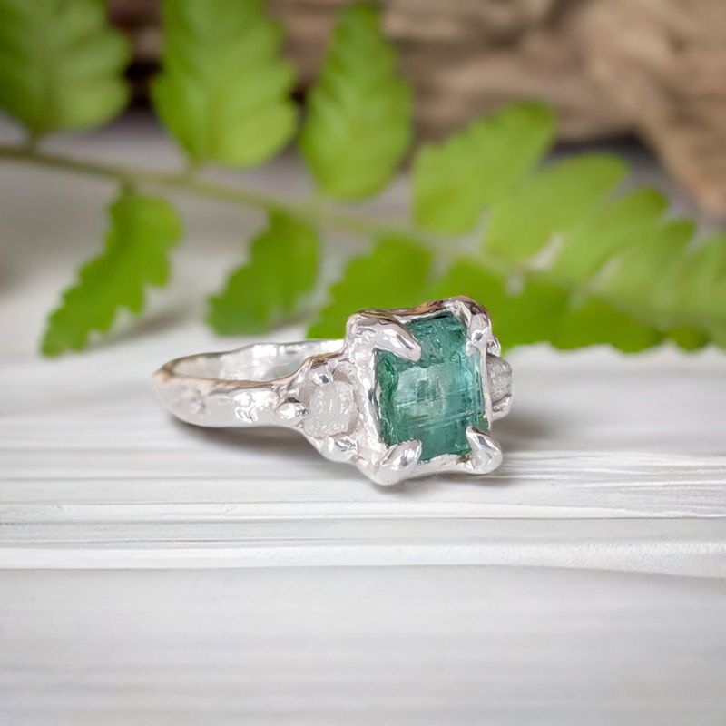 Raw Emerald and diamond engagement ring in Solid Sterling Silver