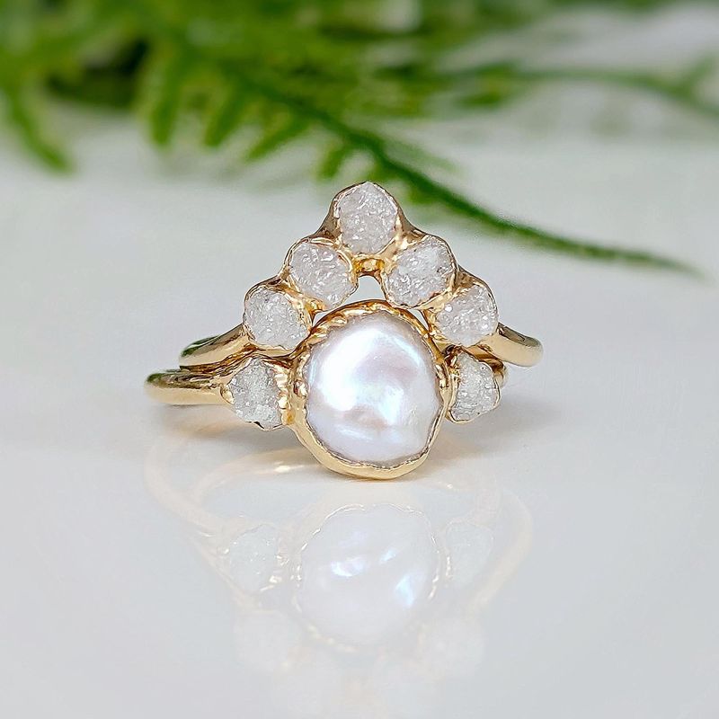 Freshwater pearl and raw diamond engagement ring