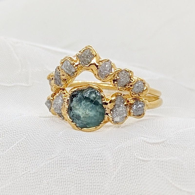 Raw Montana Sapphire and diamond ring set