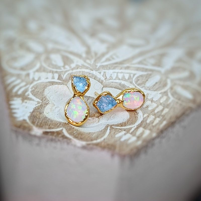 Raw Aquamarine and Opal stud earrings