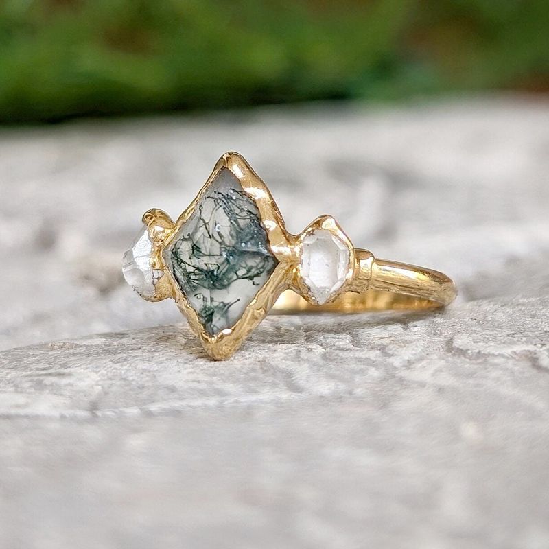 Moss Agate and Herkimer diamond engagement ring - Lozenge shape Moss Agate ring