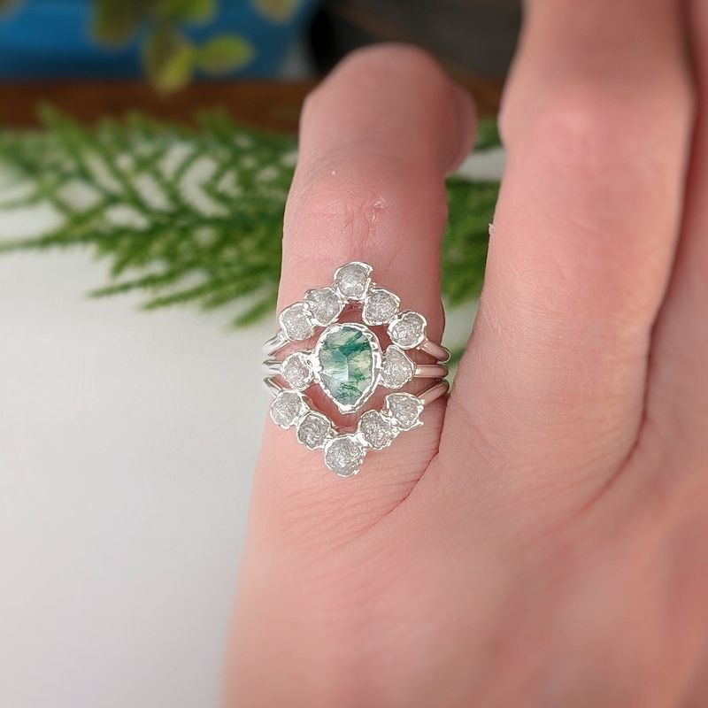 Moss Agate and raw diamond bridal ring set