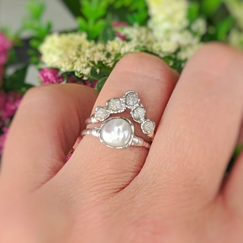 Freshwater Pearl & Raw Diamond Chevron wedding ring set in Solid 14k Gold