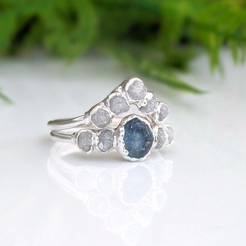 Raw Montana Sapphire and diamond bridal ring set