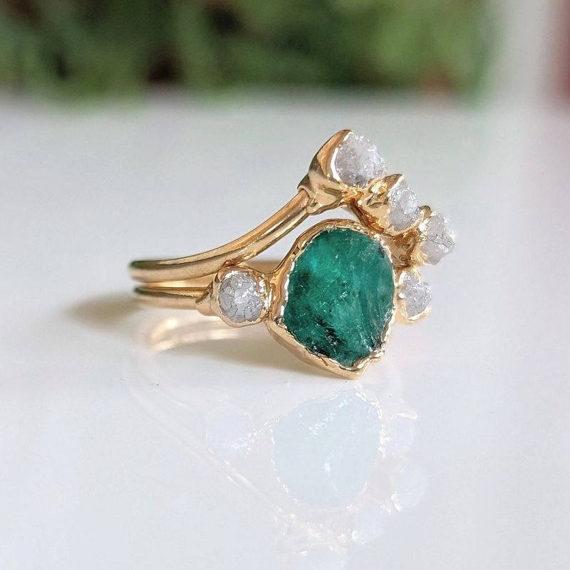 Raw Emerald and rough diamond Chevron wedding ring set