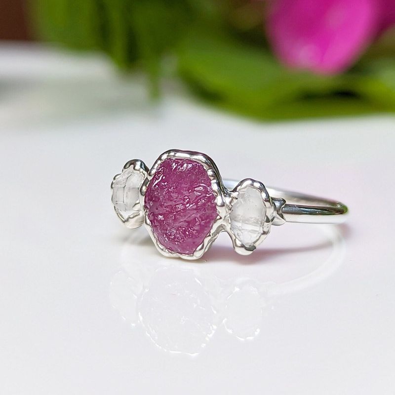Raw pink Sapphire and Herkimer diamond engagement ring