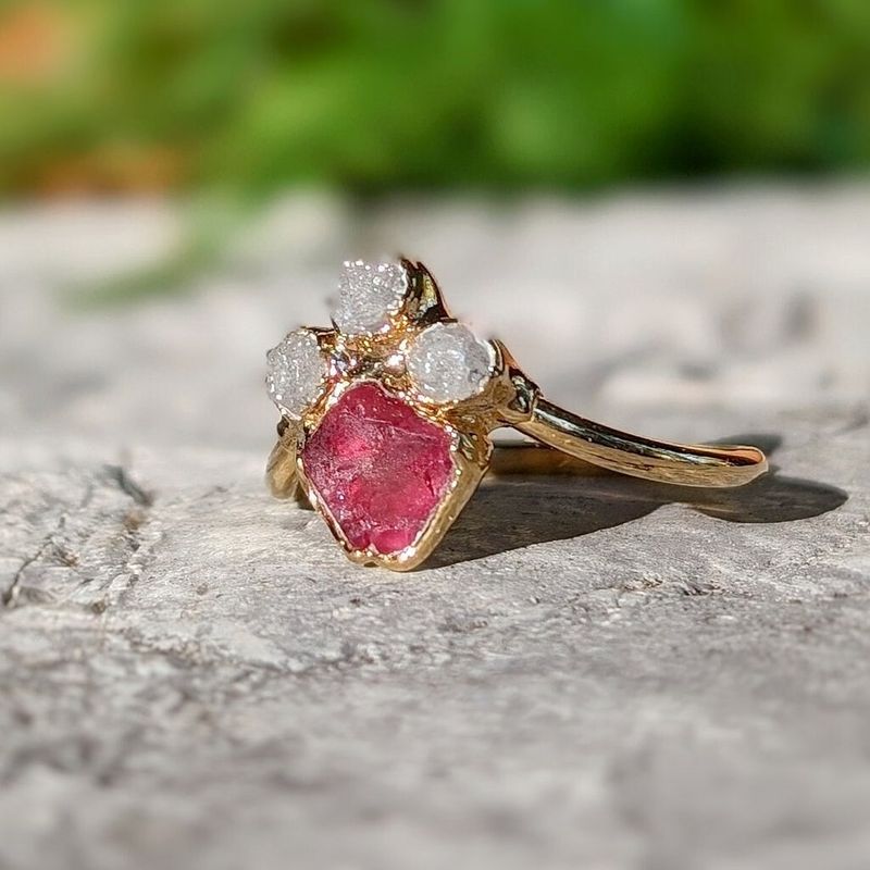 Raw Diamond and Pink Spinel Chevron Engagement Ring