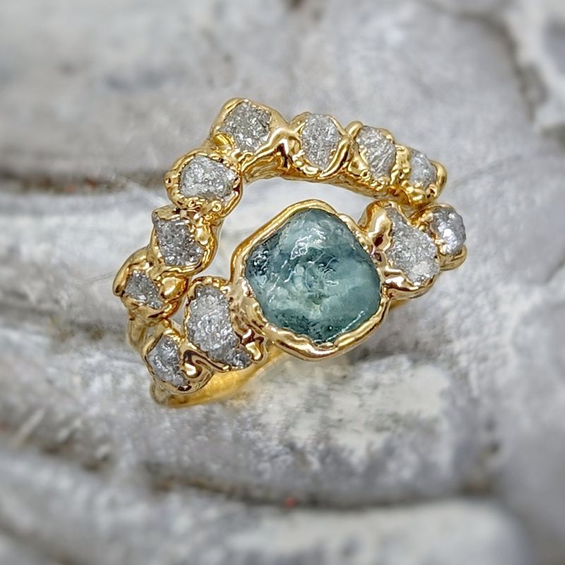 Raw Montana Sapphire and diamond ring set