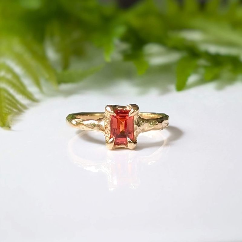 Orange Sapphire textured ring in Solid 14k Gold