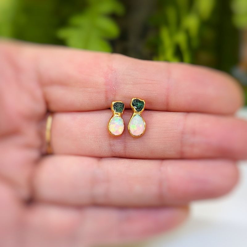 Raw Emerald and Opal stud earrings