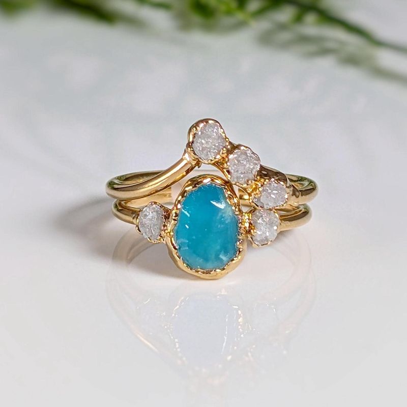 Raw Peruvian Opal and diamond engagement ring set