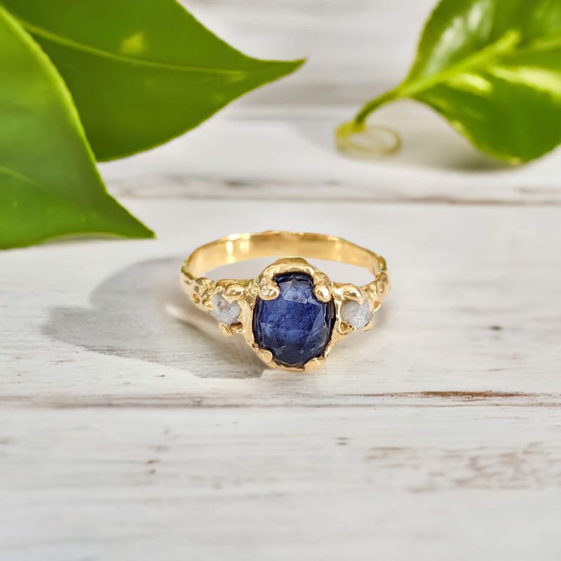 Blue Sapphire and diamond engagement ring - Solid 14k Gold textured ring