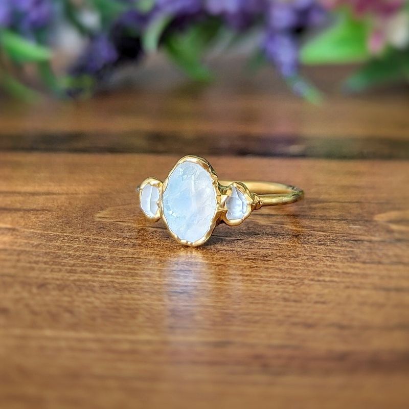 Raw Rainbow Moonstone and Herkimer Diamond Engagement ring