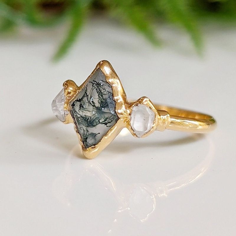 Moss Agate and Herkimer diamond engagement ring - Lozenge shape Moss Agate ring