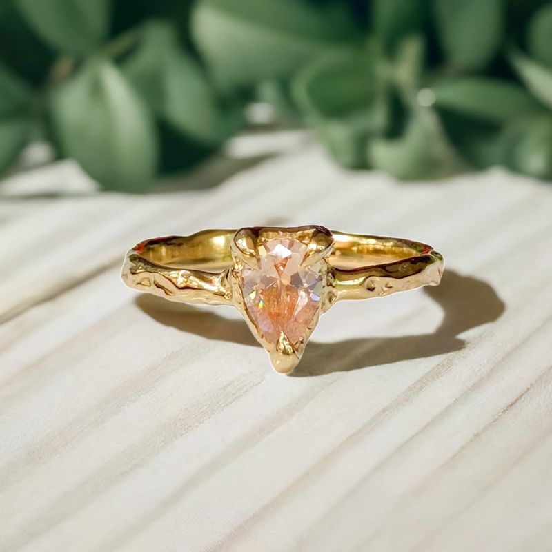 Peach Morganite textured ring in Solid 14k Gold