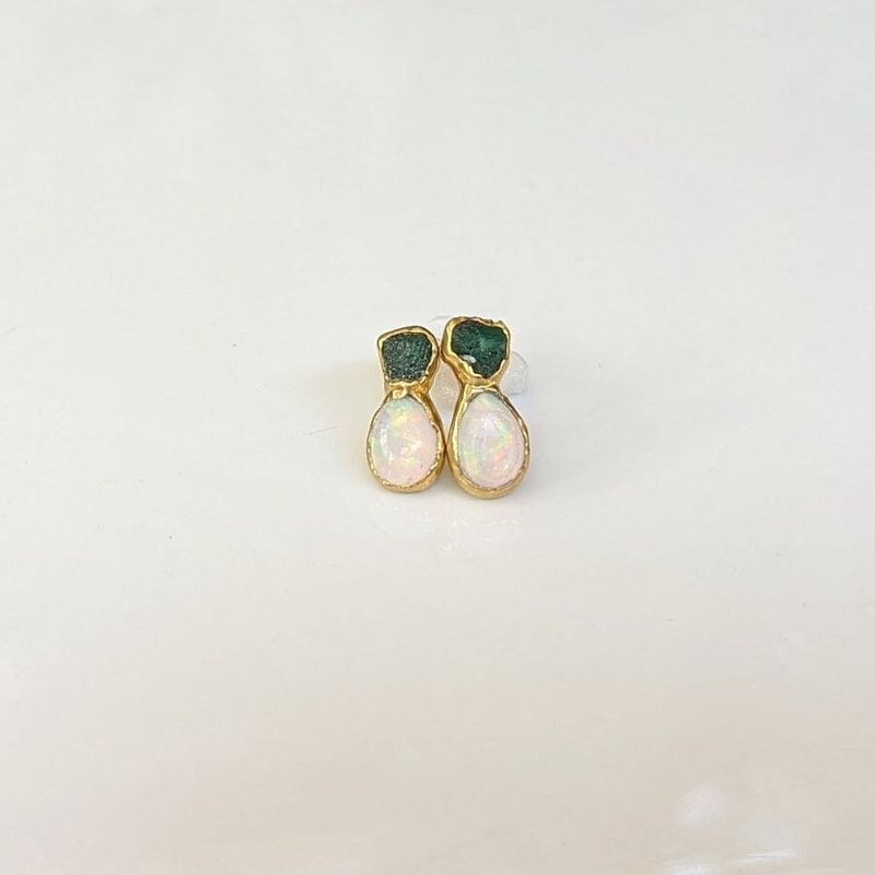 Raw Emerald and Opal stud earrings