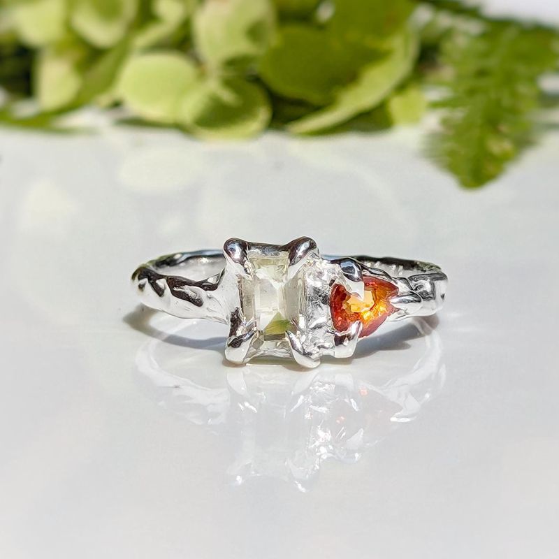 Heliodor and Orange Sapphire ring in Solid 14k Gold