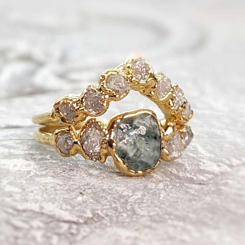 Raw Montana Sapphire and diamond ring set