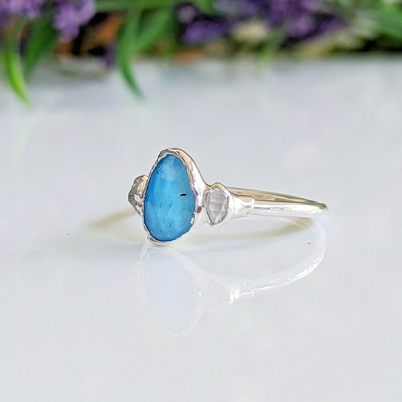 Blue Topaz and Herkimer diamond engagement ring in Sterling Silver