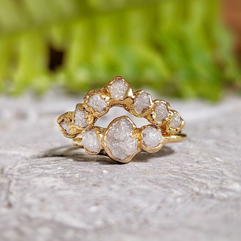 Raw diamond wedding ring set in Solid 18k Gold