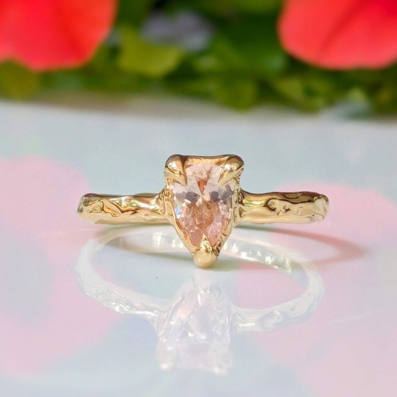 Peach Morganite textured ring in Solid 14k Gold