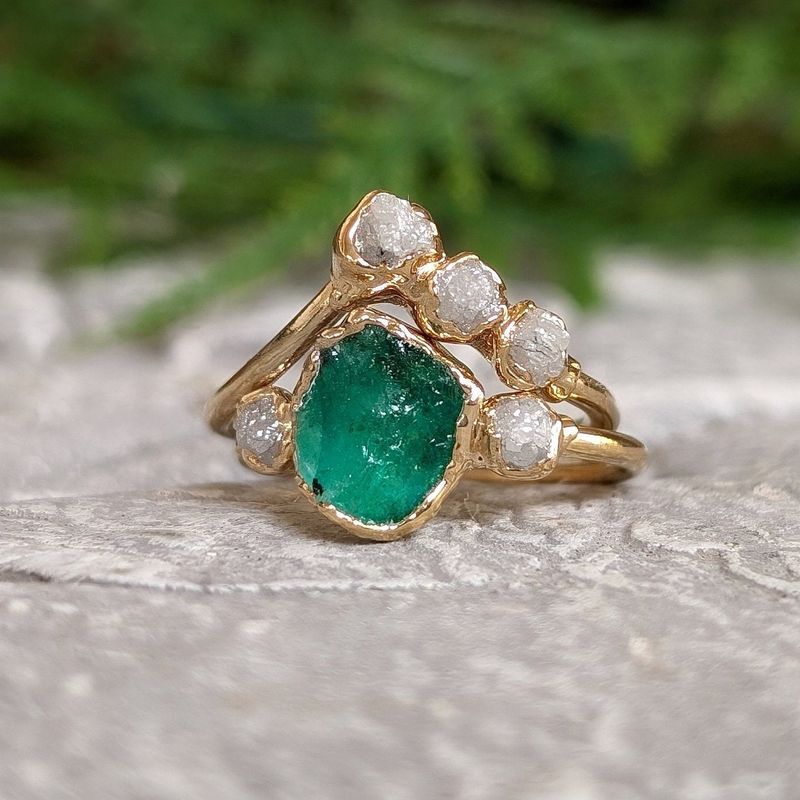 Raw Emerald and rough diamond Chevron wedding ring set