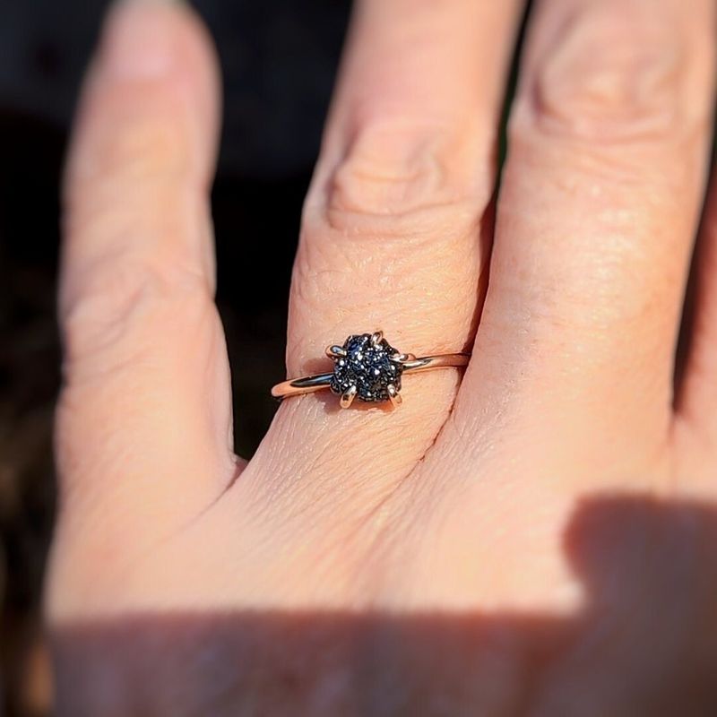 Raw black diamond engagement ring - Solid 14k Gold rough uncut black diamond ring