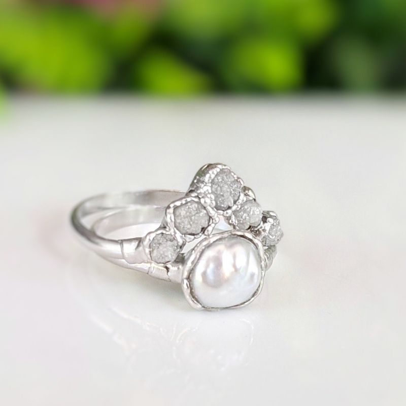 Raw diamond and Keshi pearl Chevron wedding ring set