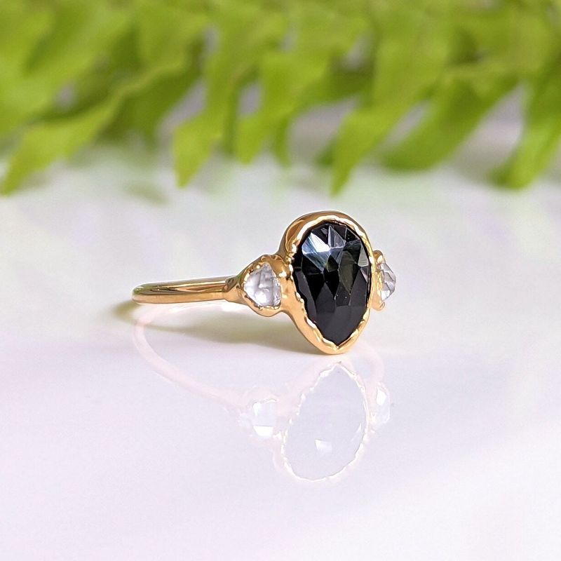 Black Spinel and Herkimer diamond engagement ring in Solid 18k Gold