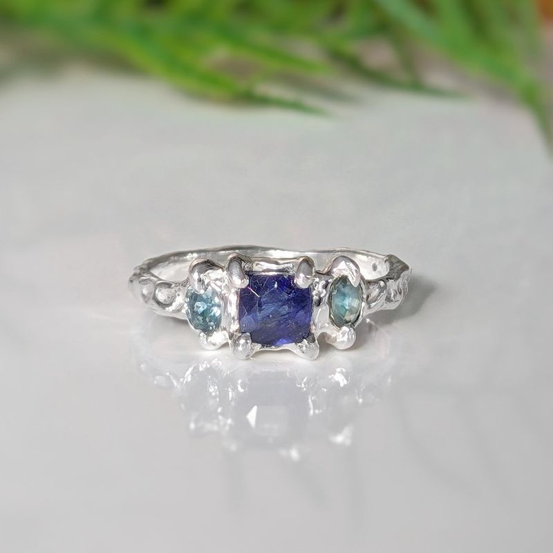 Blue Sapphire and Tourmaline engagement ring in Solid 14k Gold