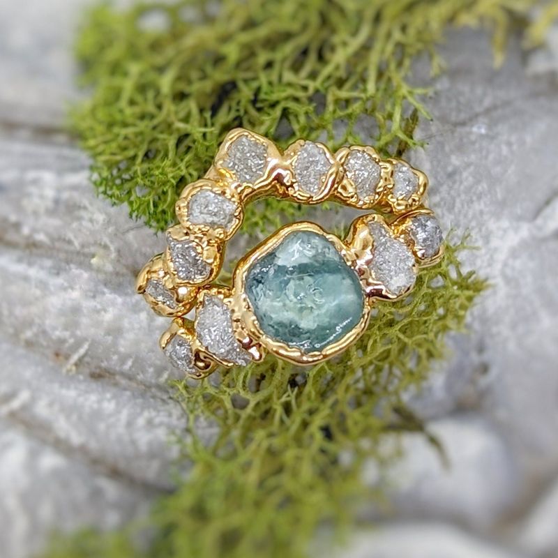 Raw Montana Sapphire and diamond ring set
