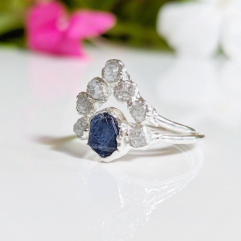 Raw Sapphire and diamond wedding ring set