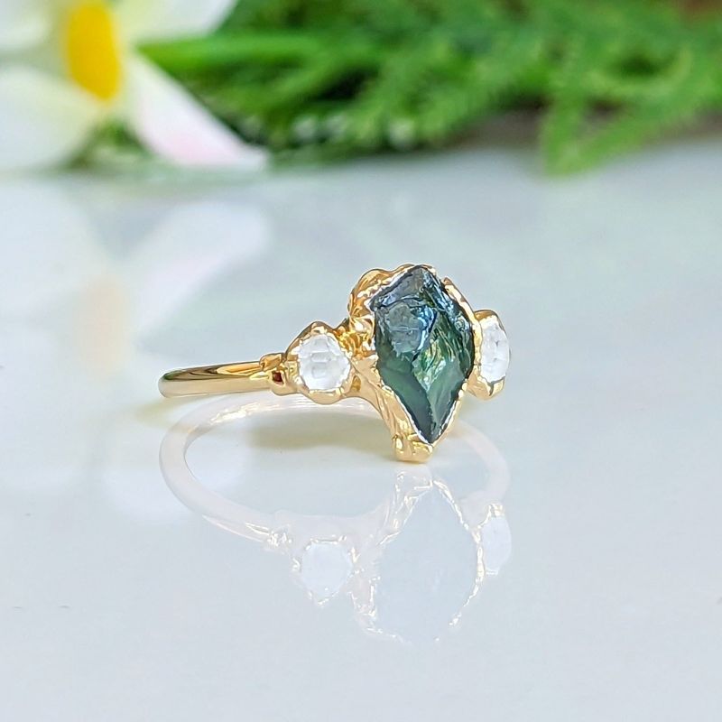 Raw green Sapphire & Herkimer diamond engagement ring