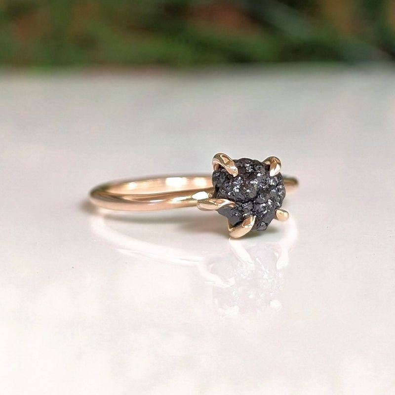 Raw black diamond engagement ring - Solid 14k Gold rough uncut black diamond ring